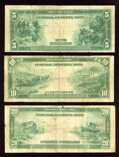 Set of 1914 $5 $10 $20 Federal Reserve Note Large Size Blue seal