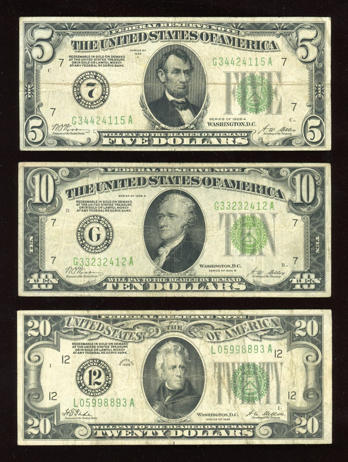 Set of 1928 $20 $10 and $5 Federal Reserve Note Green Seal REDEEMABLE IN GOLD