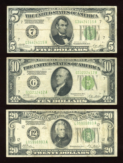 Set of 1928 $20 $10 and $5 Federal Reserve Note Green Seal REDEEMABLE IN GOLD