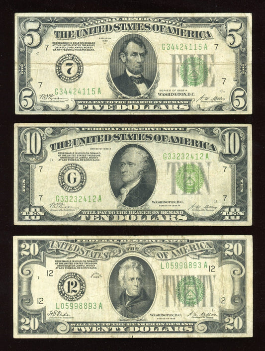 Set of 1928 $20 $10 and $5 Federal Reserve Note Green Seal REDEEMABLE IN GOLD