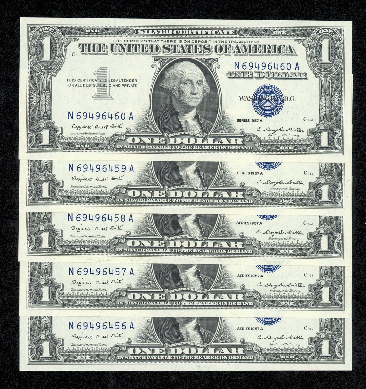 5 Consecutive 1957 A $1 Dollar Silver Certificates Uncirculated Gem