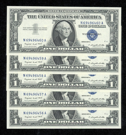 5 Consecutive 1957 A $1 Dollar Silver Certificates Uncirculated Gem