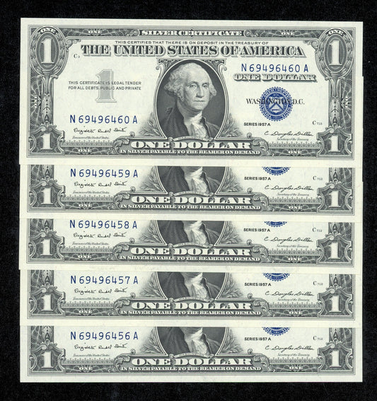 5 Consecutive 1957 A $1 Dollar Silver Certificates Uncirculated Gem
