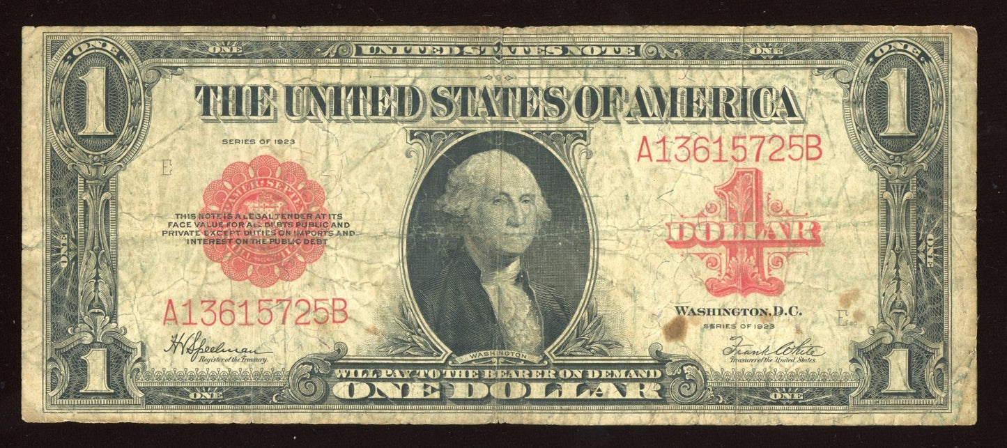 1923 Red Seal $1 Dollar United States Note Horseblanket Note