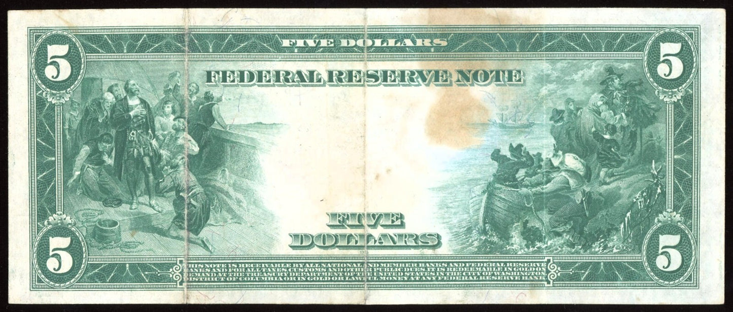 1914 $5 Federal Reserve Note Large Size Blue seal St. Louis Missouri