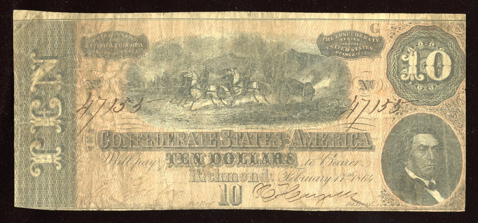 1864 $10 Ten Dollar Confederate States of America Note Richmond