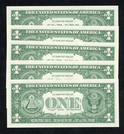 5 Consecutive 1957 A $1 Dollar Silver Certificates Uncirculated Gem
