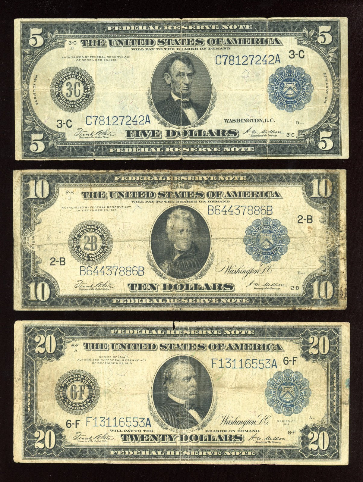 Set of 1914 $5 $10 $20 Federal Reserve Note Large Size Blue seal