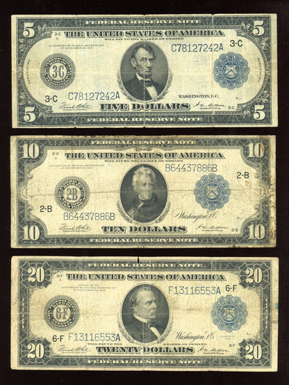Set of 1914 $5 $10 $20 Federal Reserve Note Large Size Blue seal