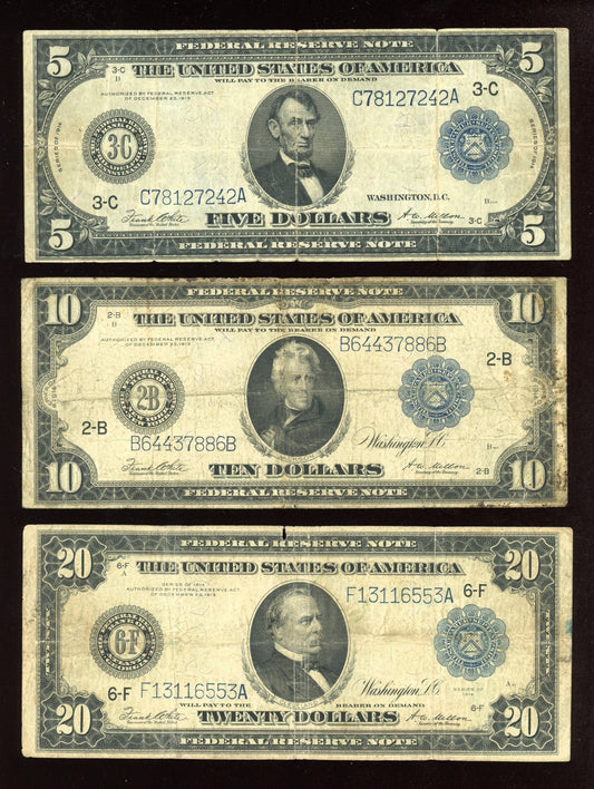 Set of 1914 $5 $10 $20 Federal Reserve Note Large Size Blue seal