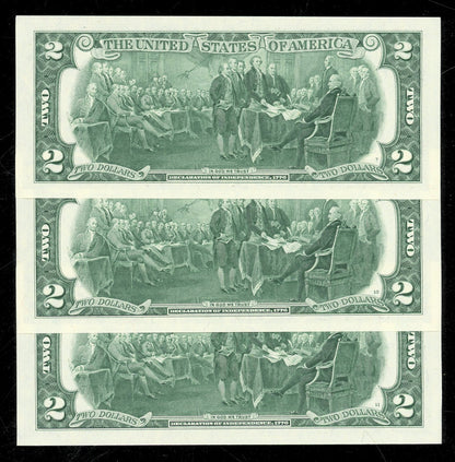 Set of 3 $2 Dollar Bills 2017 Crisp Gem Uncirculated 3 Pack Consecutive serials