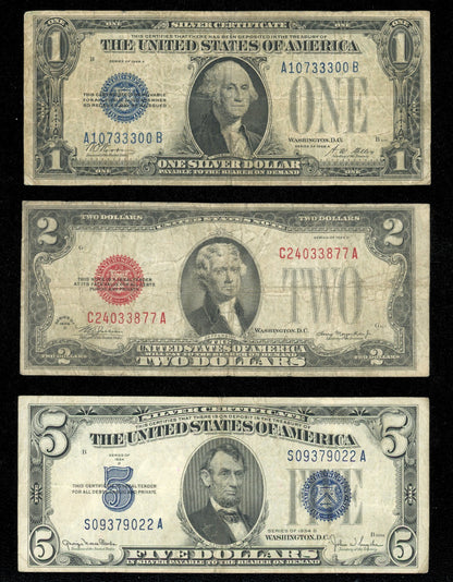 Set 1928A $1 Silver Certificate Funny Back $2 1928D Red Seal $5 1934 Blue Seal
