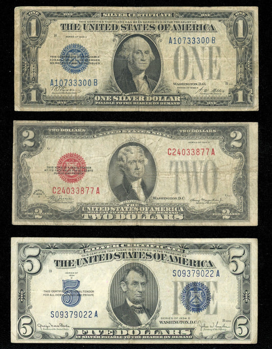 Set 1928A $1 Silver Certificate Funny Back $2 1928D Red Seal $5 1934 Blue Seal