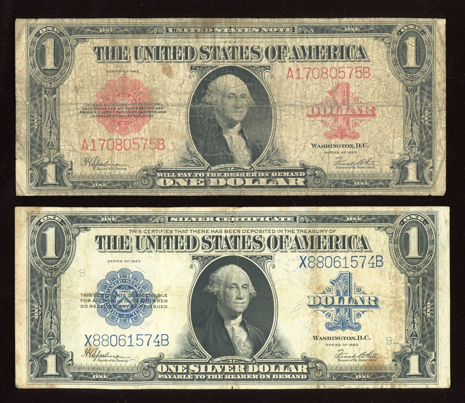 Set 1923 Red Seal and 1923 Blue Seal $1 Dollar Horseblanket Notes