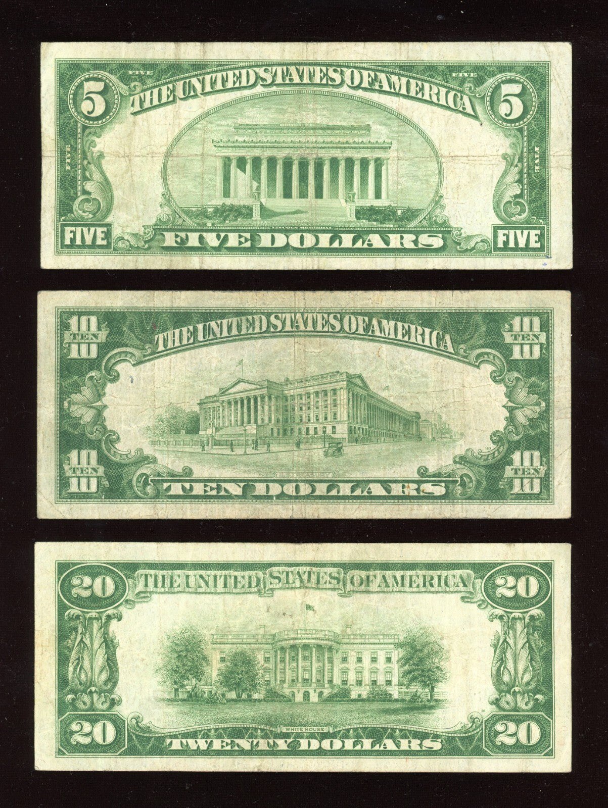 Set of 1928 $20 $10 and $5 Federal Reserve Note Green Seal REDEEMABLE IN GOLD