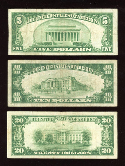 Set of 1928 $20 $10 and $5 Federal Reserve Note Green Seal REDEEMABLE IN GOLD