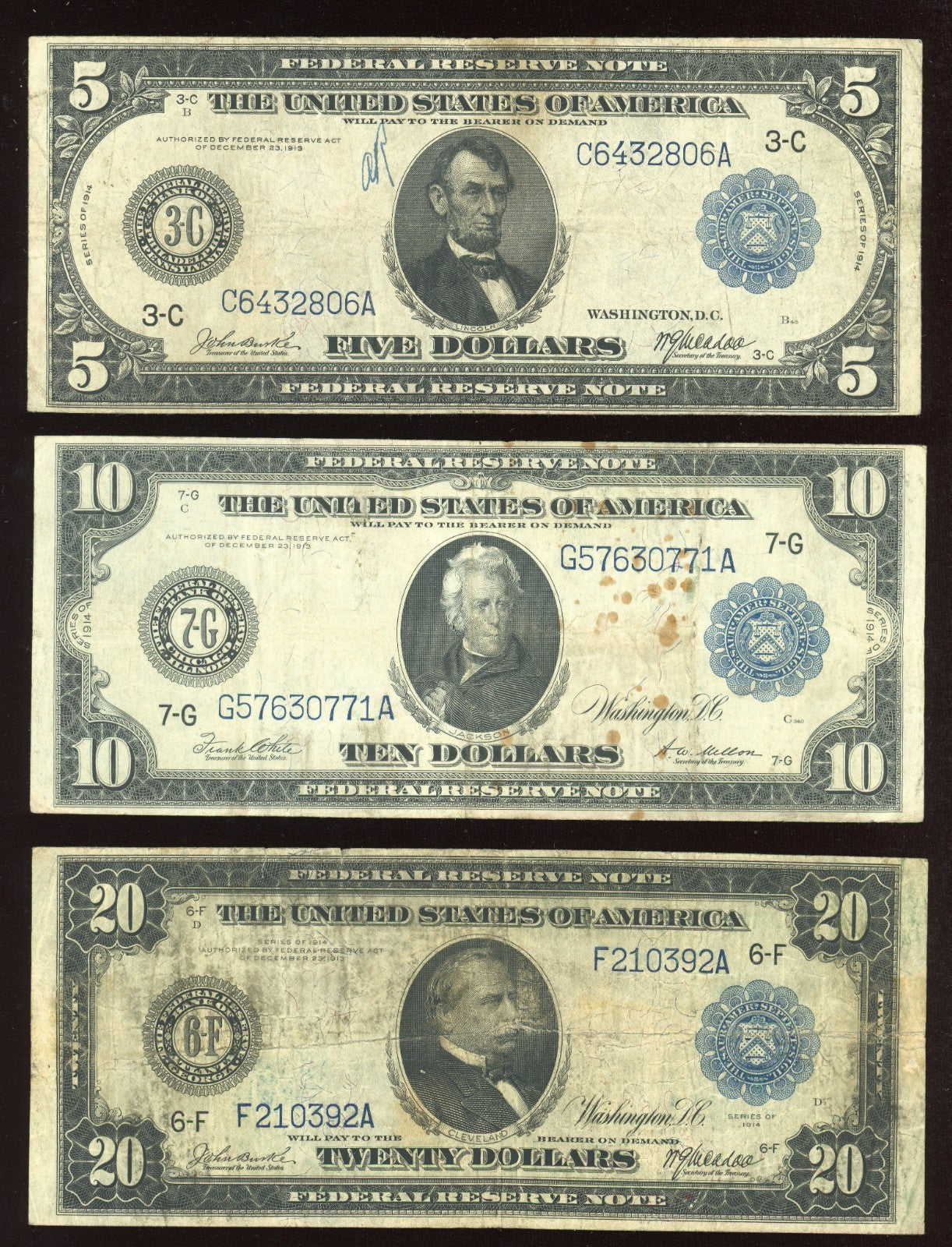 Set of 1914 $5 $10 $20 Federal Reserve Note Large Size Blue seal