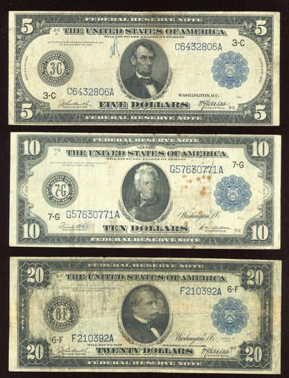 Set of 1914 $5 $10 $20 Federal Reserve Note Large Size Blue seal