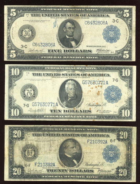 Set of 1914 $5 $10 $20 Federal Reserve Note Large Size Blue seal