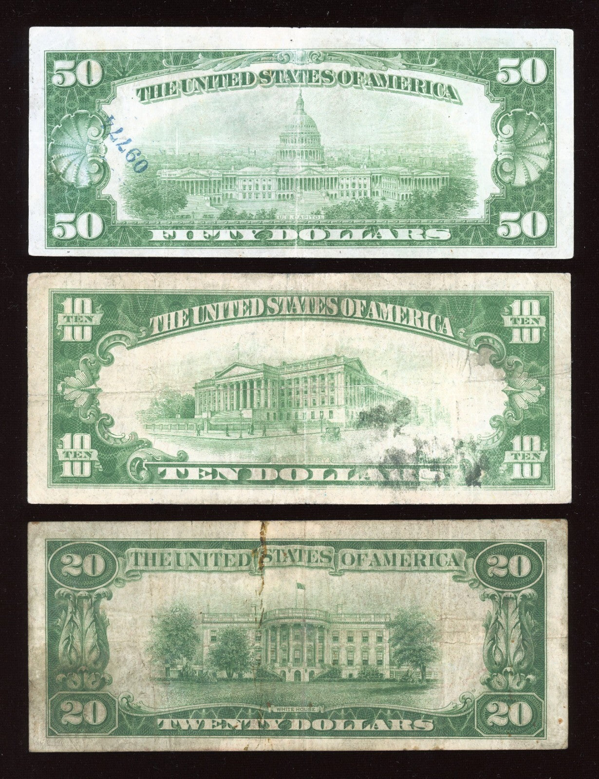 Set of  1928 $50 $20 $10 Gold Certificates Gold Seals Beautiful