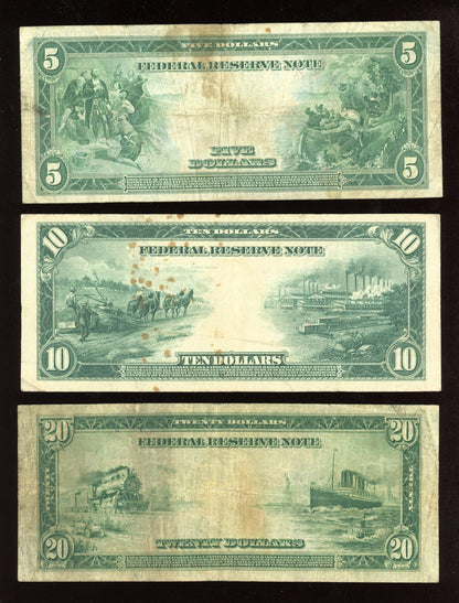 Set of 1914 $5 $10 $20 Federal Reserve Note Large Size Blue seal