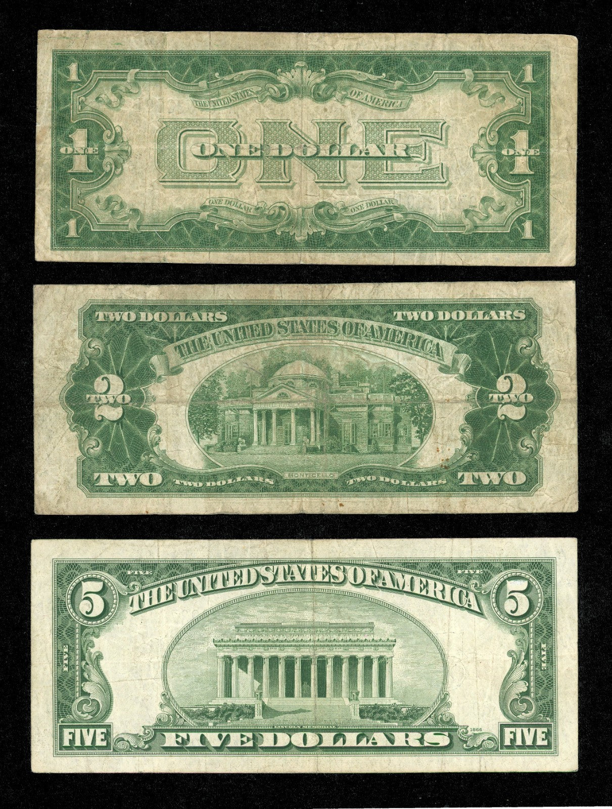 Set 1928A $1 Silver Certificate Funny Back $2 1928D Red Seal $5 1934 Blue Seal