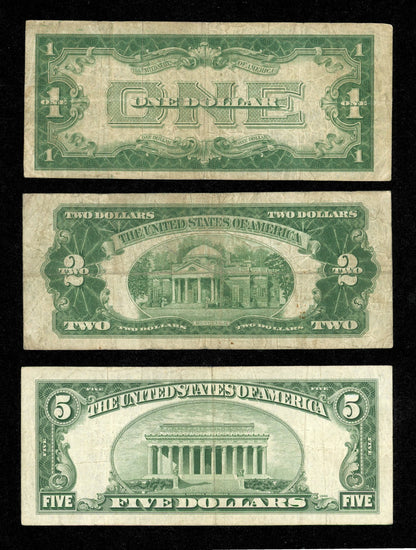 Set 1928A $1 Silver Certificate Funny Back $2 1928D Red Seal $5 1934 Blue Seal