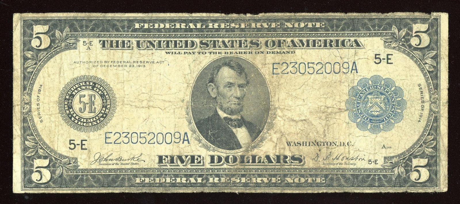 1914 $5 Federal Reserve Note Large Size Blue seal Richmond Virginia