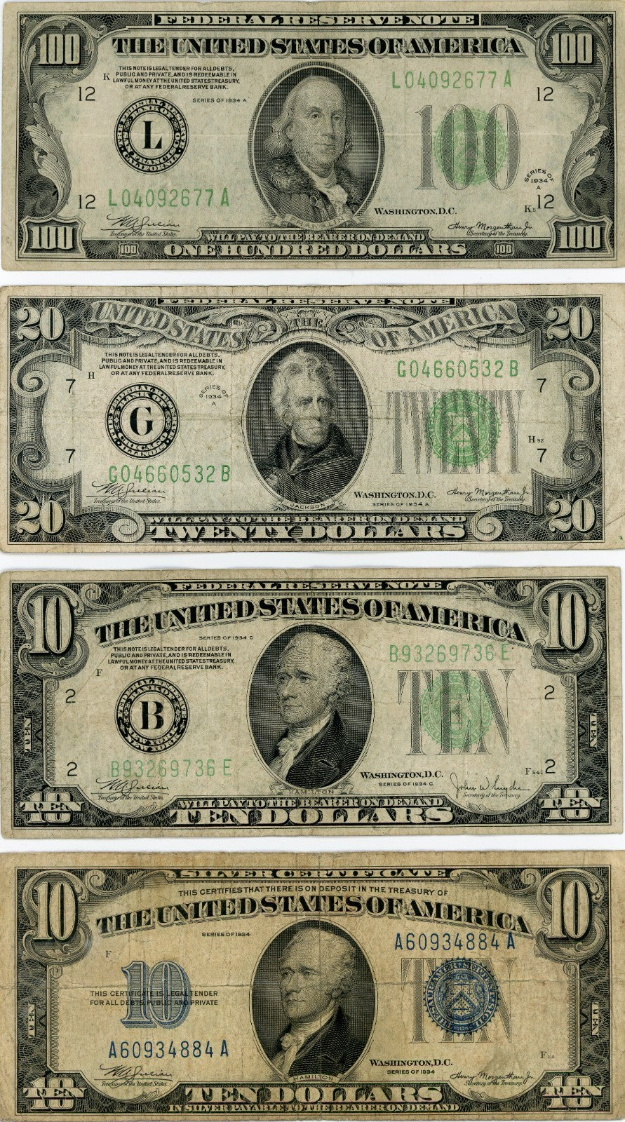 Set $10 $20 $100 Series 1934 Legal Tender and $10 Silver Certificate Blue Seal