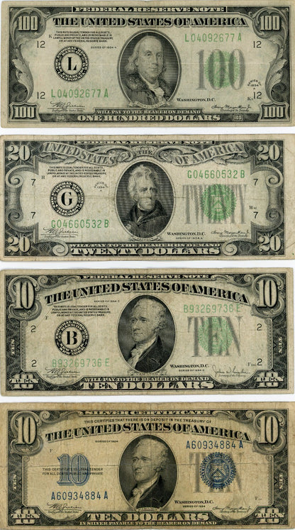 Set $10 $20 $100 Series 1934 Legal Tender and $10 Silver Certificate Blue Seal