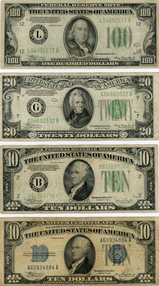 Set $10 $20 $100 Series 1934 Legal Tender and $10 Silver Certificate Blue Seal