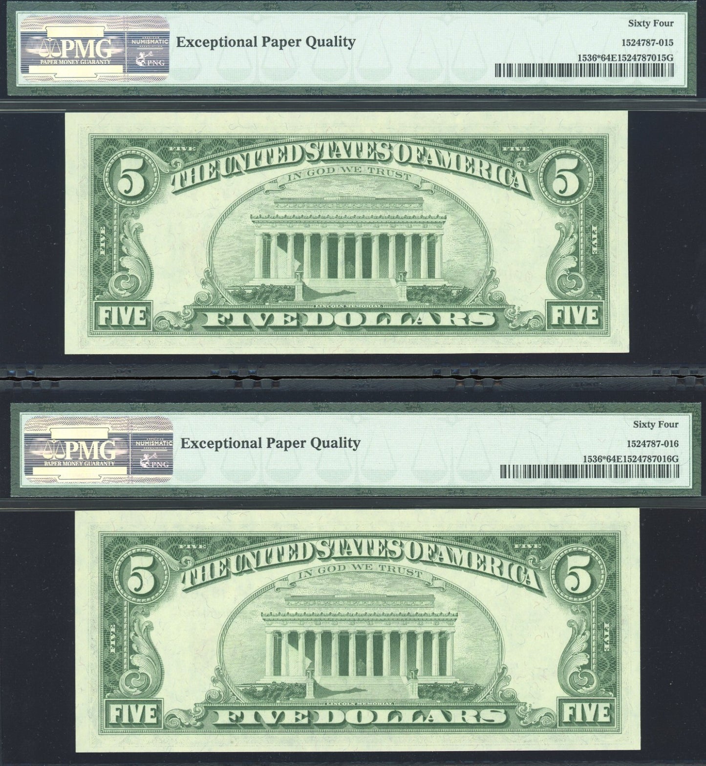Set of 2 *STAR* Consecutive 1963 $5 Dollar Notes Red Seal "Uncirculated" PMG 64