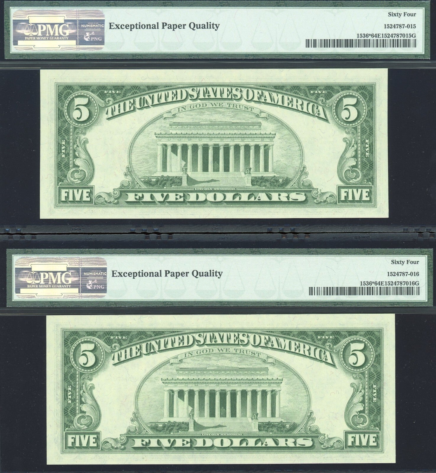 Set of 2 *STAR* Consecutive 1963 $5 Dollar Notes Red Seal "Uncirculated" PMG 64