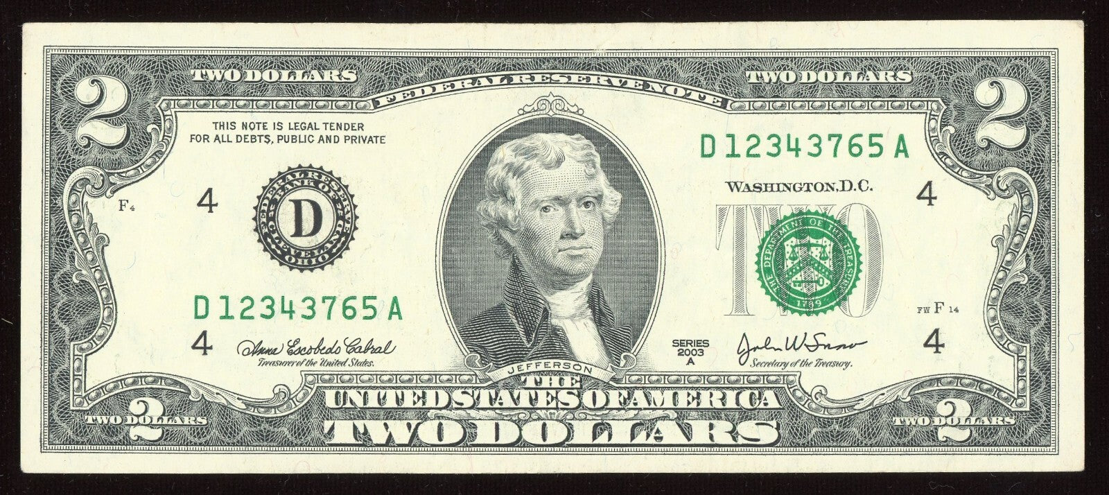 2003 $2  Fancy Ladder Serial Number 12343765 XF