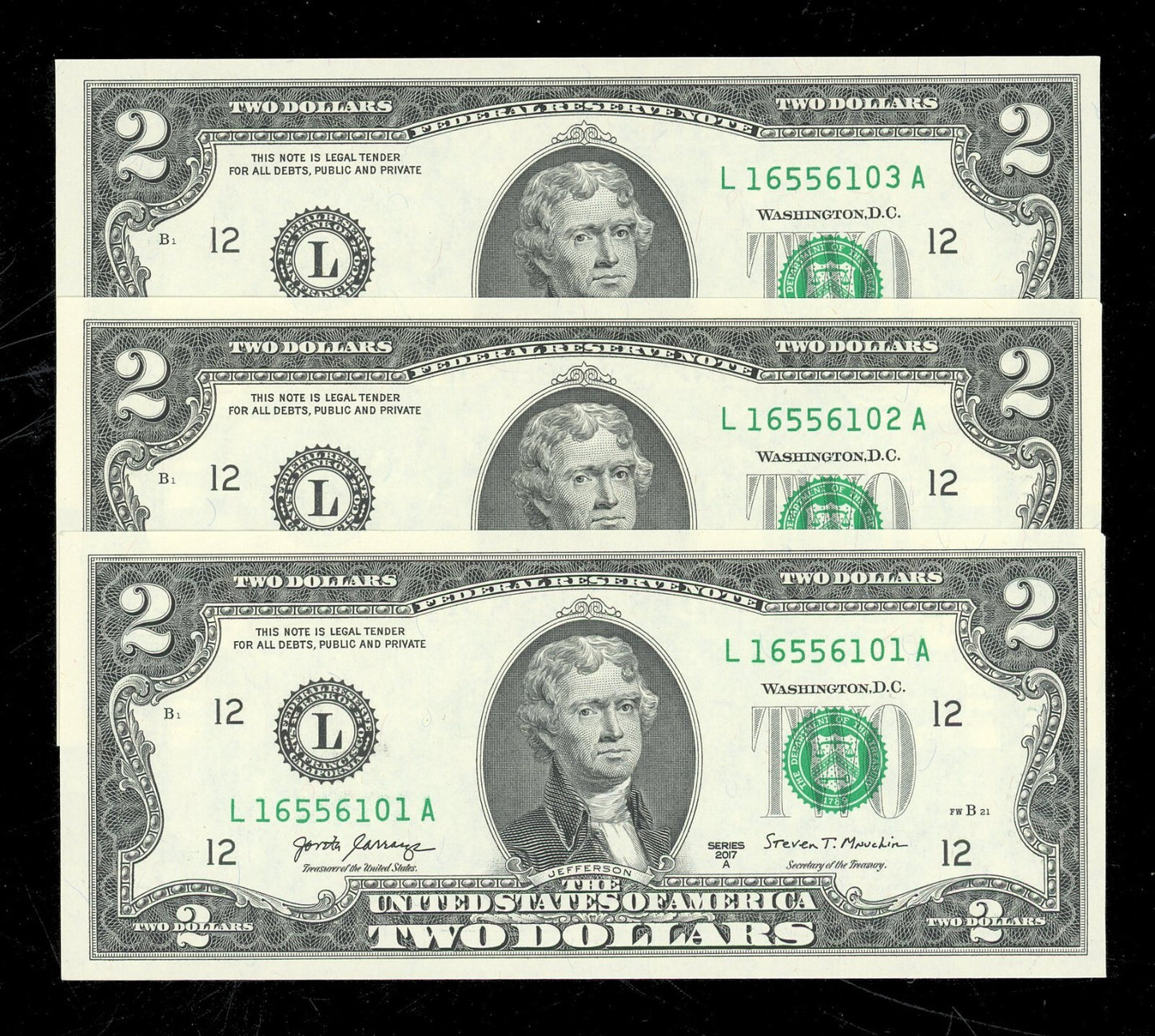 Set of 3 $2 Dollar Bills 2017 Crisp Gem Uncirculated 3 Pack Consecutive serials