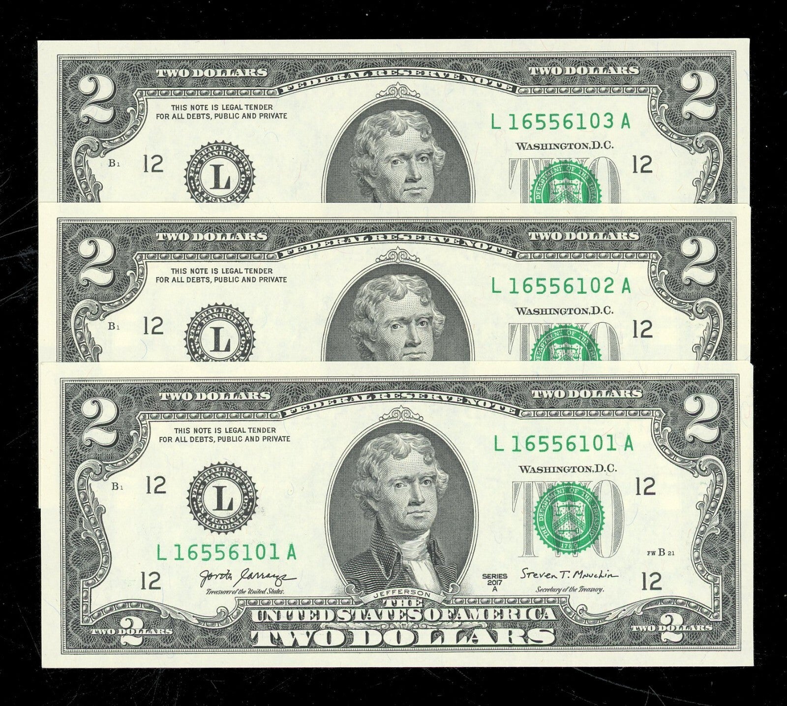 Set of 3 $2 Dollar Bills 2017 Crisp Gem Uncirculated 3 Pack Consecutive serials