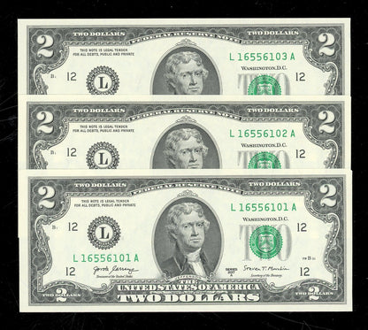 Set of 3 $2 Dollar Bills 2017 Crisp Gem Uncirculated 3 Pack Consecutive serials