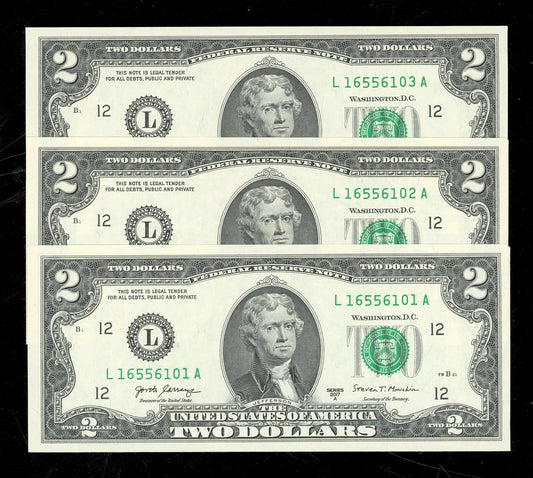 Set of 3 $2 Dollar Bills 2017 Crisp Gem Uncirculated 3 Pack Consecutive serials