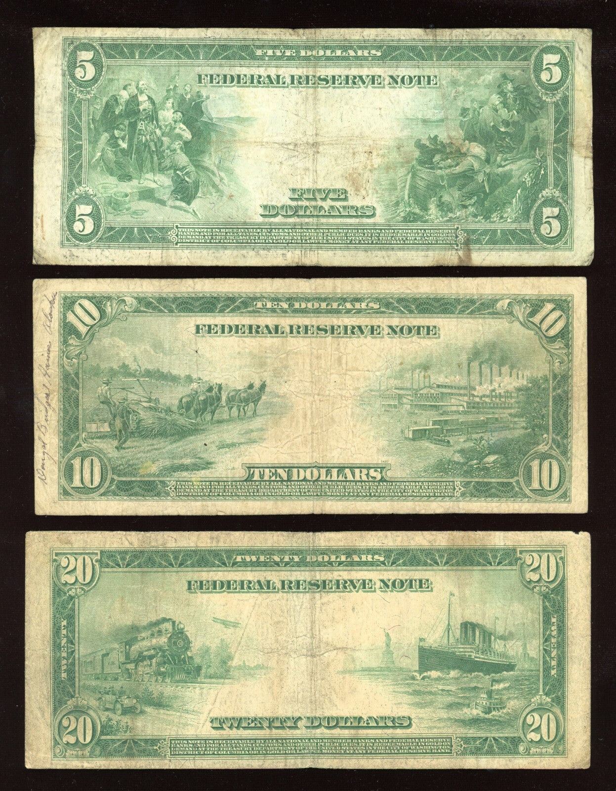 Set of 1914 $5 $10 $20  Blue seal Federal Reserve Notes Large Size