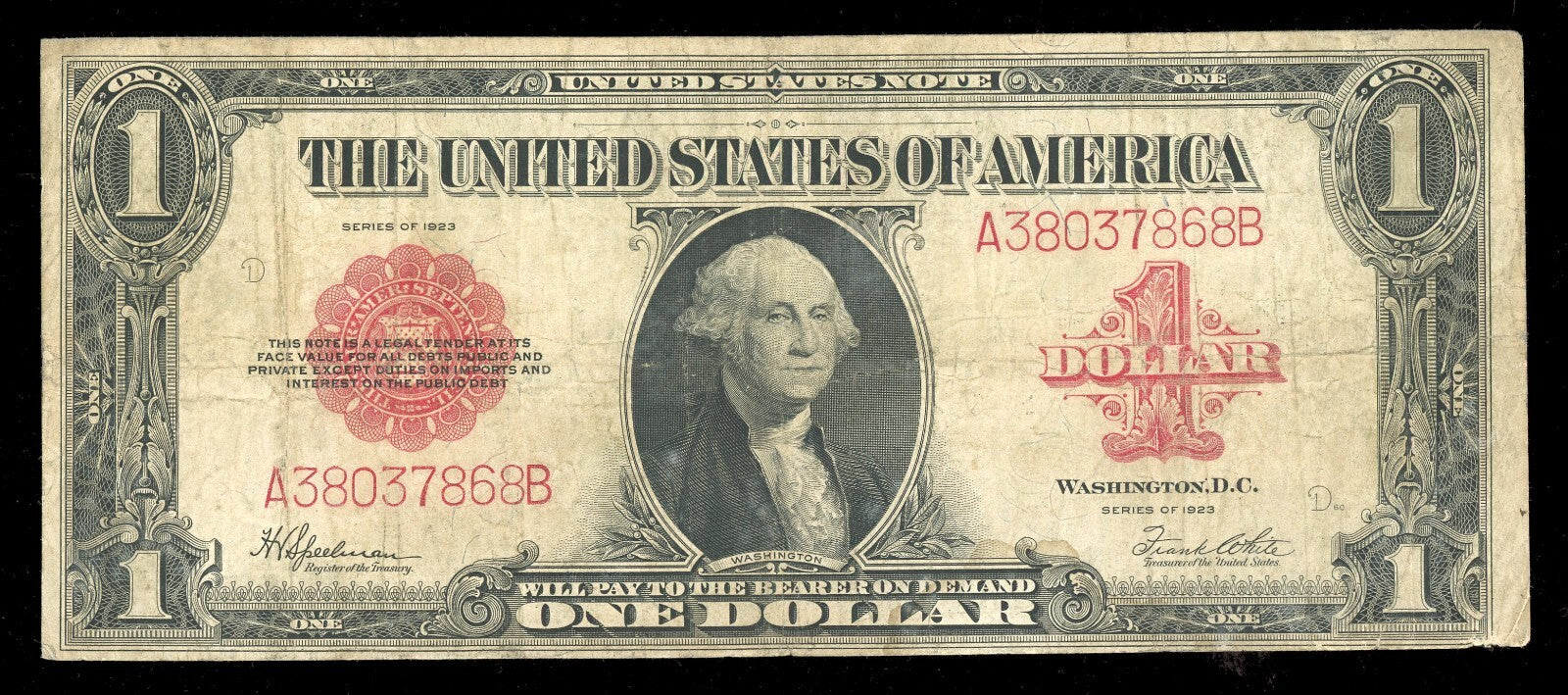 1923 Red Seal $1 Dollar United States Note Horseblanket Note FR.40 Fine