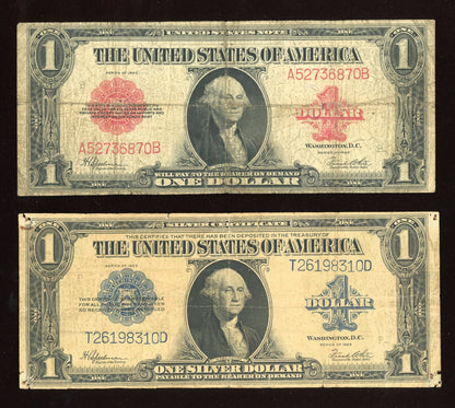 Set of 1923 Red Seal $1 Dollar Horseblanket Note and $1 Dollar Blue Seal Note