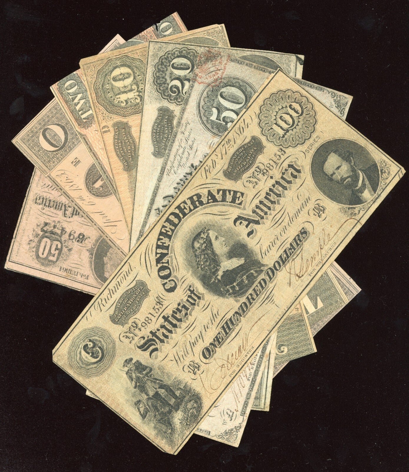 Full Set of .50 $1 $2 $5 $10 $20 $50 $100 Confederate States of America Notes