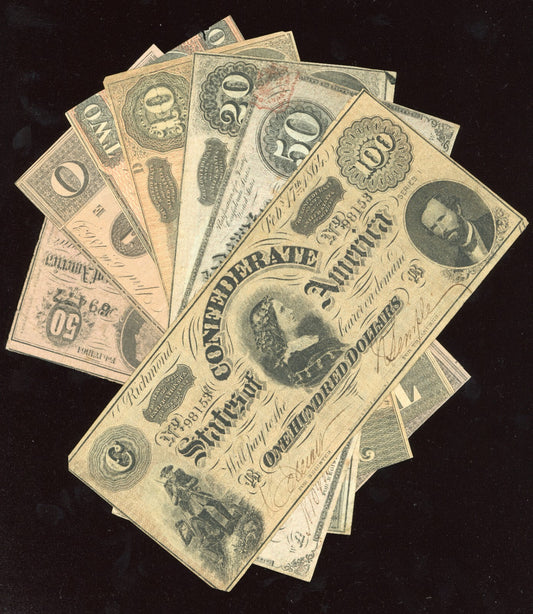Full Set of .50 $1 $2 $5 $10 $20 $50 $100 Confederate States of America Notes