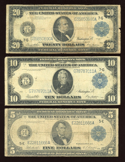 Set of 1914  $5  $10  $20  Federal Reserve Note Large Size Blue seal