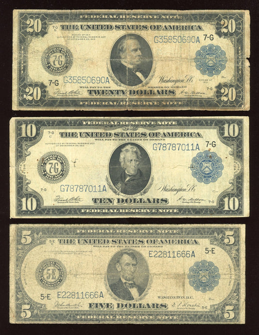 Set of 1914  $5  $10  $20  Federal Reserve Note Large Size Blue seal