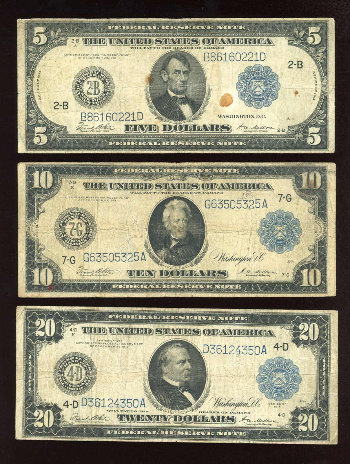 Set of 1914 $5 $10 $20  Blue seal Federal Reserve Notes Large Size