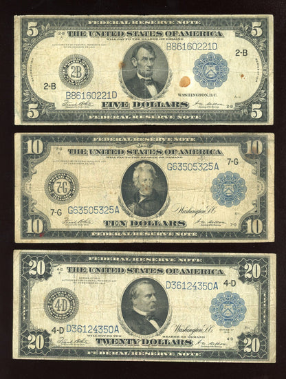 Set of 1914 $5 $10 $20  Blue seal Federal Reserve Notes Large Size