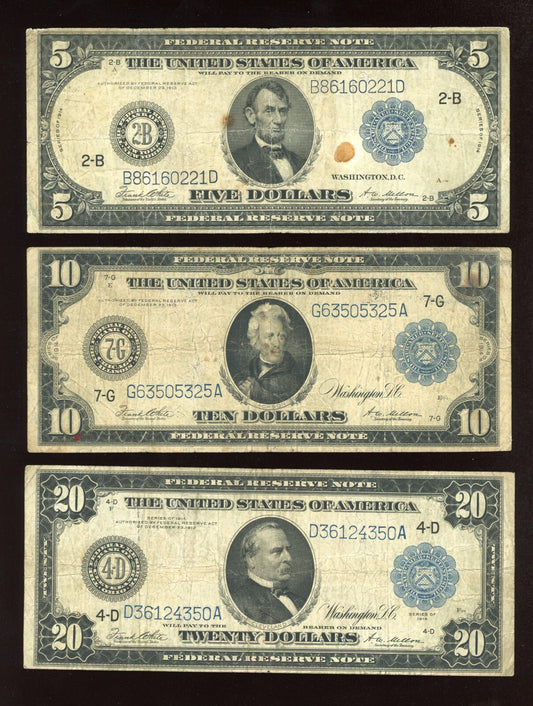 Set of 1914 $5 $10 $20  Blue seal Federal Reserve Notes Large Size