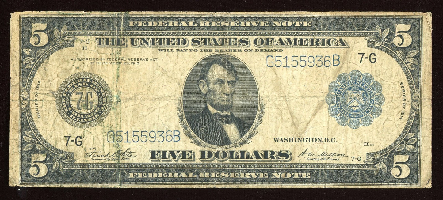 1914 $5 Federal Reserve Note Large Size Blue seal