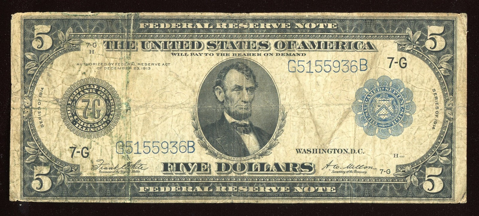 1914 $5 Federal Reserve Note Large Size Blue seal
